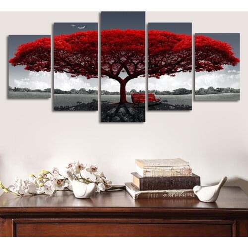 Canvas HD Prints Posters Home Decor Living Room Wall Art 5pcs Red Tree Art Scenery Paintings Landscape Pictures Framework