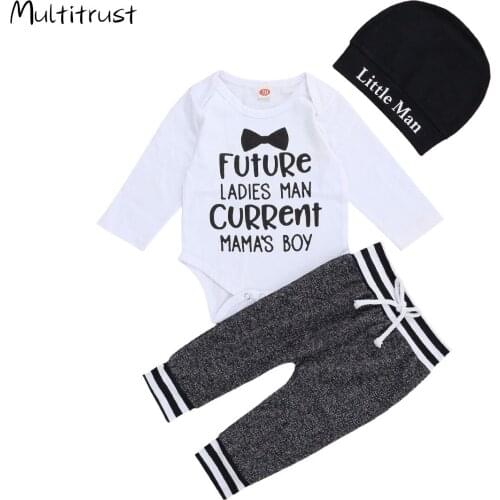 Infants Boy Romper, Pants Suit, Long-Sleeve Words Printed High Waist Clothes Hat 3 Pieces