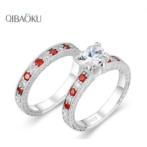Sterling Silver 925 Ring Set Heart Shaped Red White Round Zircon Rings for Women Engagement Wedding Fine Jewelry Party Gift