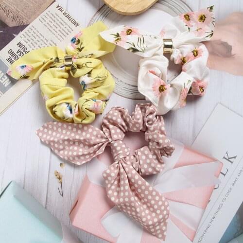 Fashion Bowknot Elastic Hair Bands Satin Printted Headband Hair Ties For Women Girls Ponytail Holder Rabbit Ears Hair Accessorie