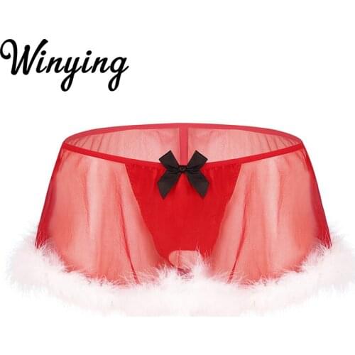 Men Christmas Underwear Red Tulle Sheer Lingerie Crotchless Sexy G-String Skirted Thongs Male Gay Sissy Panties Xmas Underpants
