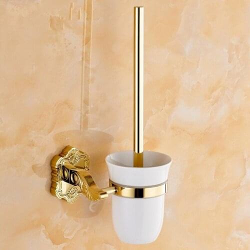 Toilet Brush Holder Set Durable Copper Brush Rack Gold Carved Base Ceramic Cup Luxury Bathroom Cleaning Tools Set Bath Hardware