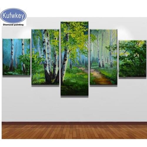 5 pcs Diamond Painting natural tree scenery Cross Stitch Full Square round Diamond Embroidery White birch mosaic diamond art