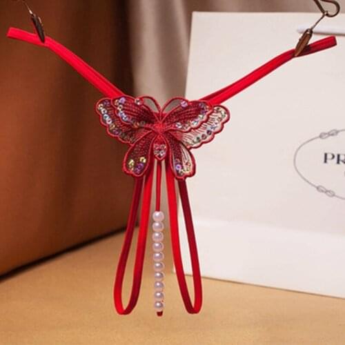 2021 Woman The New Embroidery Butterfly Pearl Panties Sexy Lingerie Sex Thongs Womens Erotic Open Crotch Underwear