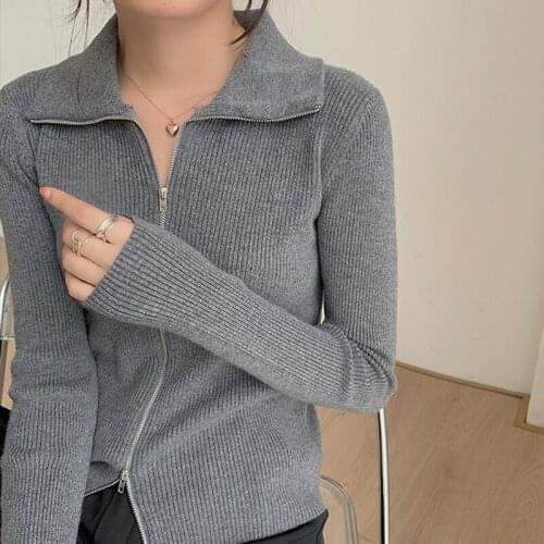 Mazefeng 2021 New Autumn Winter Womens Sweaters Fashionable Turndown Ladies Sweater Solid Color Knitwears Zipper Cardigans