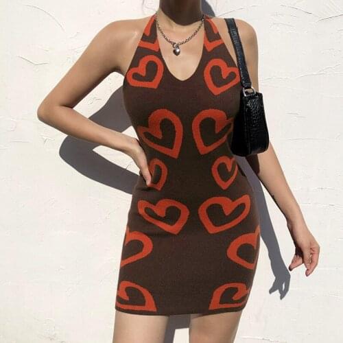 Retro Love Heart Contrast Color Slim Halter Lace-up Bag Hip Dress