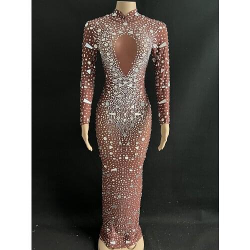 Sexy Transparent Mirrors RhinestonesTan Dresss Stage Dance Wear Stones Evening Celebrate Mesh Dress Dance Performance Costume