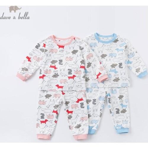 DB16081 dave bella autumn baby unisex fashion cartoon print pajamas newborn baby underwear casual sleepwear 2 pcs suit