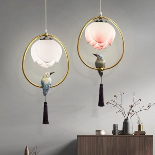 Chinese style pendant lamp resin Lotus bird decorations oval lighting bedroom living room study dining room loft chandelier