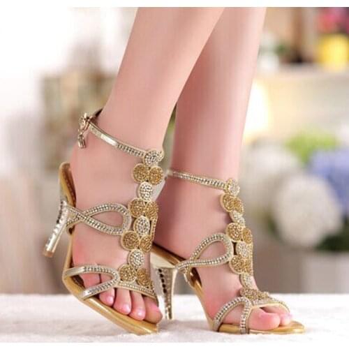 2018 Popular Gold & Blue Sandal Floral Rhinestones 8cm High Heels Dress Women Lady Bridal Wedding Shoes