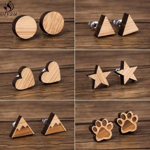 Oly2u Wood Earings Jewelry Geometric Heart Triangle Round Paw Stud Earrings for Women Girls Kids Piercing pendientes Party Gifts