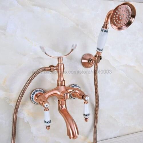 Antique Red Copper Bathtub Faucets Telephone Style Tub Mixer Taps Dual Handle Bathroom Bath Shower Faucet with Handshower Kna367