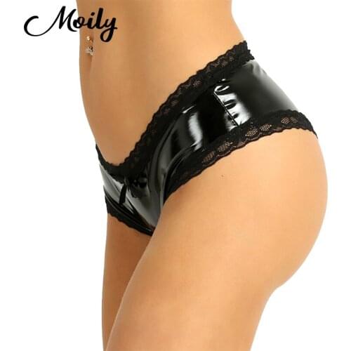 Low rise Sexy Panties Lingerie PVC Latex Crotchless Briefs Panties Wet Look Patent Leather Open Crotch Underwear Women Panties