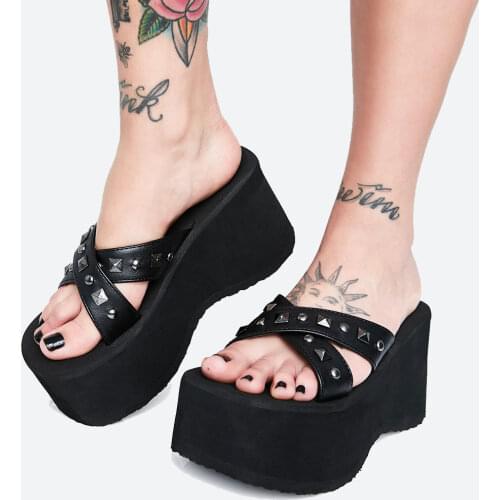 Plus Size 46 Shoes Women Chunky Platform Halloween Gift Cosplay Comfortable Wedges Heels Black Gothic Sandals Slipper Summer