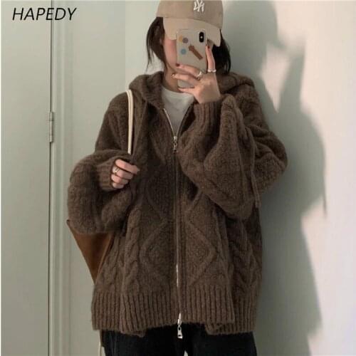 HAPPY 2021 Women Autumn Winter Twist Zipper Hooded Sweater Coat Knitted Cardigan Jacket Oversized Long Lantern Sleeve Outerwear