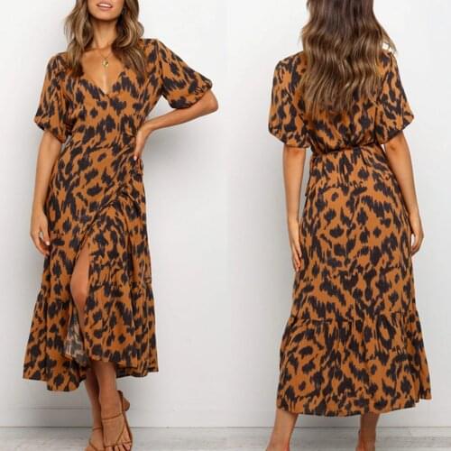 Sexy Leopard Print Lantern Sleeve Maxi Dress Womens Deep V-Neck High Waist Split Long Dress Handsome Ankle-Length Dress