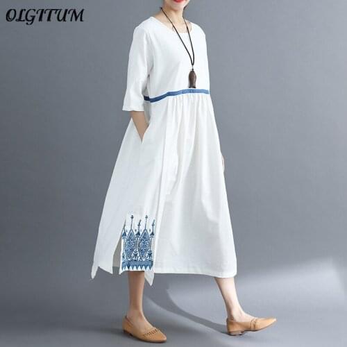Summer New National Style Loose Dress Large Size Women Embroidery Design Stitching Dress High Quality Cotton and linen Dress