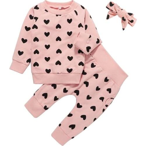 0-2Yrs Heart Pattern Clothes Baby Girls T-Shirts Tops Pants Headband 3Pcs Spring Autumn Kids Girls Clothing Suits