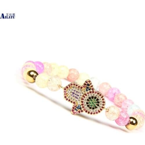 Ailatu New Multicolor Cz Fatima Hand Hamsa Beaded Bracelet with 6mm Popcorn Beads