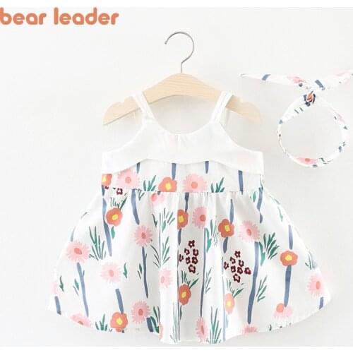 Bear Leader Baby Princess Floral Dresses 2021 New Summer Girls Flower Print Clothes With Headband 2PCS Newborn Costumes Suits