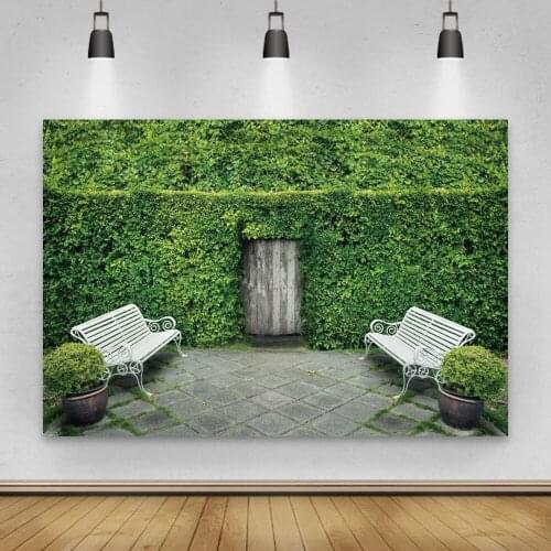 Laeacco Garden Photography Backdrops For Room Decro Green Plants Grass Wall Chairs Door Photography Backgrounds For Photozone