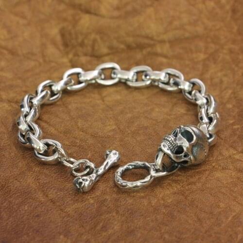 LINSION 925 Sterling Silver Skull Bracelet Mens Biker Rock Punk Link Chain TA193