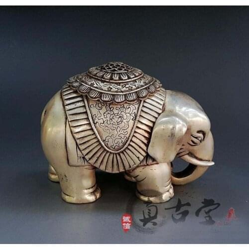 TOP collection # Home OFFICE Decor COOL art -old Vintage silver Elephant sculpture silver plating censer burner ART statue