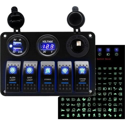 Mayitr 1pc 12V 5 Gang Blue LED Rocker Switch Panel Car Boat Marine With USB Charge LCD Voltmeter Cigarette Lighter Socket
