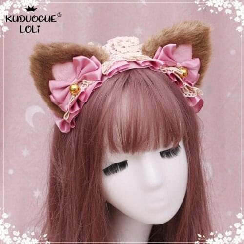 Cute Lolita Girls Hairband Cat Ears Series Plush Headdress White/Beige Lace Ribbon Bows Bells Headband Women Animals Multicolor