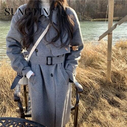 Sungtin Korea Loose Thin Woolen Coat Women with Belt Vintage Casual Warm Long Trench Jacket Female Double Breasted Overcoat Chic