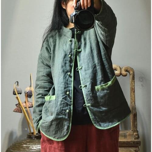 Women Chinese Style Parkas Cotton Linen Button Stand Long Sleeve Coats 2021 Winter New Solid Color Warm Loose Parkas