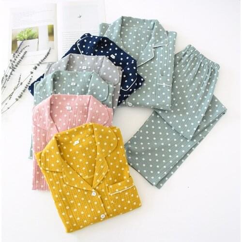 New Autumn Ladies Pajamas Set Winter Polka Dot Print Pajamas Cotton Crepe Sleepwear Femme Top+Full Length Pants Women Homewear