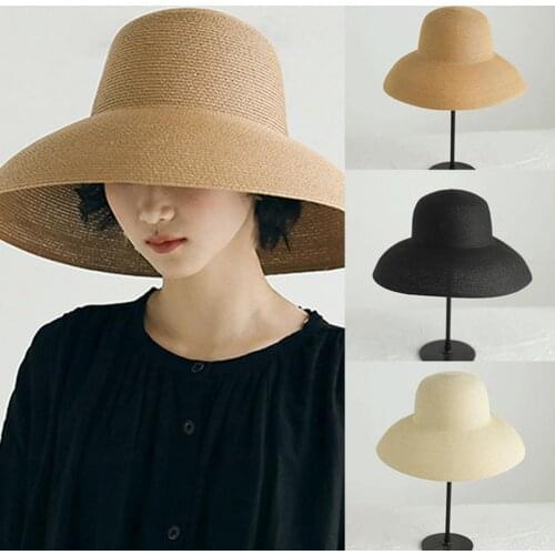 Women Sun Hat Wide Brim Anti-ultraviolet Foldable Sun Visor Foldable Solid Color Straw Hat Protective Caps for Summer