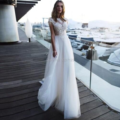 A Line Beach Wedding Dresses Cap Sleeves Open Back Lace Appliques Wedding Bridal Gown Tulle Short Sleeves Vestido De Noiva