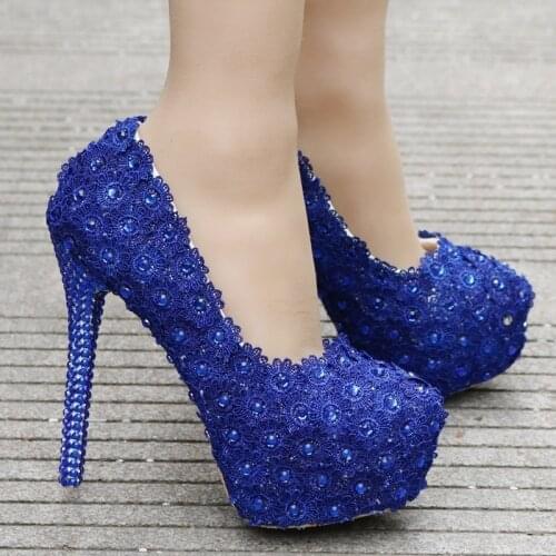 Wonen Pumps Fashion Office Shoes Waterproof platform blue Lace Round Toe Thin Heels 14CM High Heels Womens Wedding Shoes