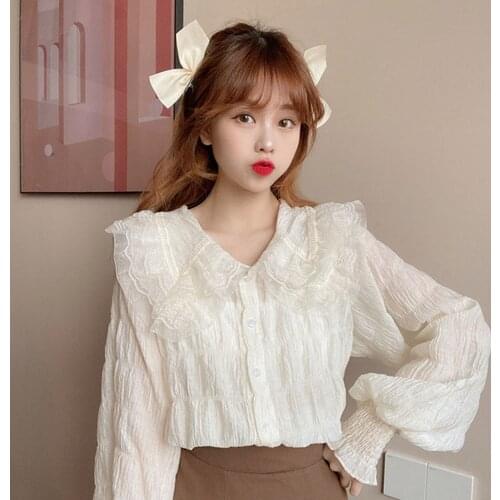 Spring Korean Style Elegant Shirt Female Retro Fairy Doll Collar Shirts Ladies Sweet Ruffles Long Puff Sleeve Elegant Blouse