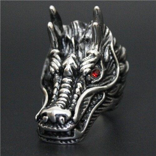 Top Quality Fashion Biker Ring 316L Stainless Steel Fashion Ring Big Mens Shining Stone Eyes Dragon Ring