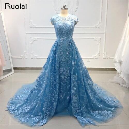 2019 Evening Dress Long Sky Blue Evening Gown for Women Formal Dress Applique Crystal Beaded Lace Prom Dress Robe de Soiree SN35