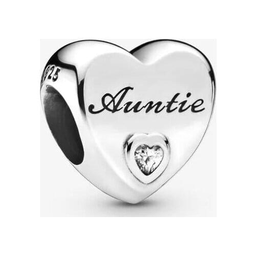 100% 925 Sterling Silver Auntie Love Heart Charm Beads Fits Original Bracelet Women DIY Jewelry Making Gift bijoux