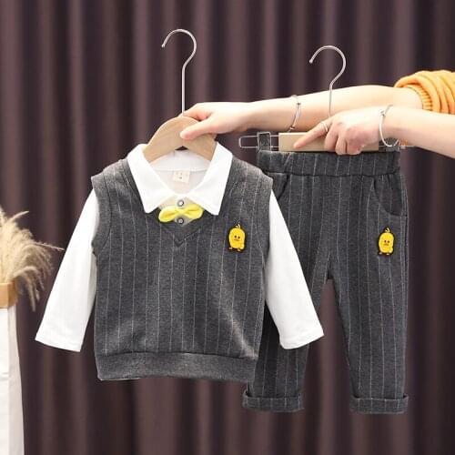 2021 Spring Toddler Baby Girls Boys Sets Outfits Cartoon Yellow Duck Cotton Vest+Shirt+Pants 3pcs Casual Children Clothes Suit