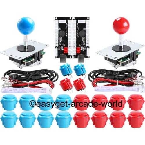 Arcade Game DIY Parts, USB MAME Cabinet DIY Parts, MAME DIY (2 USB Encoder + 2 Joystick + 20 Push Button) Color Blue +Red Kits