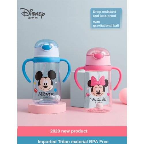 Disney Baby Water Cup With Straw Handle Cup Cartoon Mickey Anti-falling Kettle Outdoor Kindergarten Bottle Summer Feeding Cups