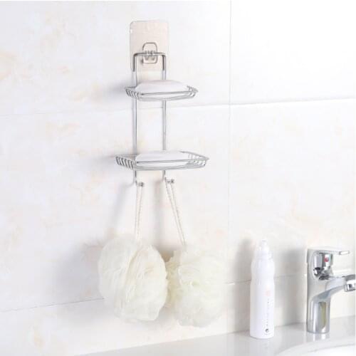 Stainless Steel Double Layer Soap Rack Strong Adhesive No Drilling Storage Rack Wall-mounted Shower Dish Bathroom Organizer