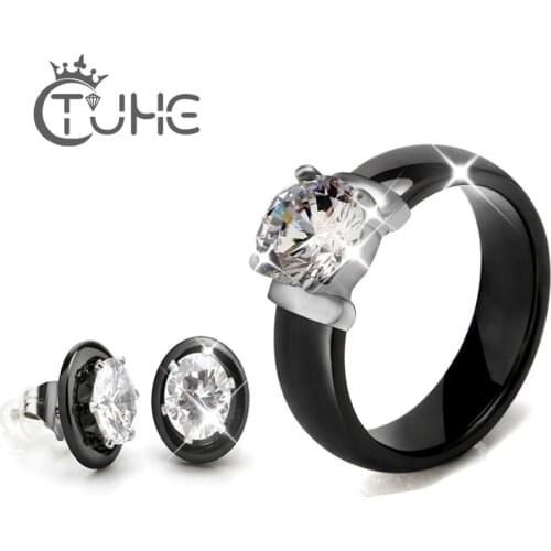 Hot Sale Crystal Wedding Jewelry Sets Black White Ceramic Earring and Rings Sets With Big Carat Rhinestone For Women Jewellery