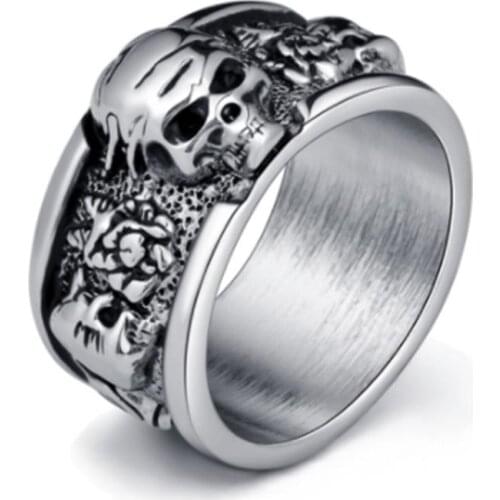 Stainless Steel Rock Silver Color Ring Gothic Punk Old Wrinkled Skull Big Rotating Locomotive Bible Ring Jewelry