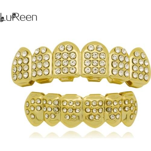LuReen Fashion Gold Silver Color Teeth Grills Top Bottom Metal Grillz For Unisex Dental Tooth Cap Rapper Mouth Jewelry Gift