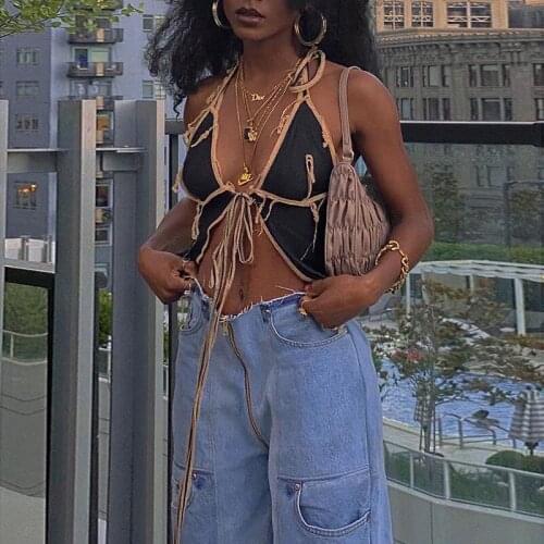 Fashion Sexy V-Neck Mesh See-Through Halter Neck Lace-Up Sleeveless Backless Mesh Strapless Slim-Fit Tassel Cardigan Crop Top