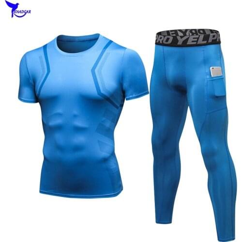 Mens Short Sleeve Shirt+Pocket Tights Sport Suit Compression Fitness Rashguard Training Clothing Gym Yoga Tracksuit Running Set