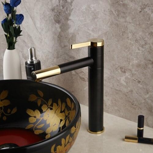 Bathroom Pull Out Gold And Black Faucet Deck Mounted Faucet 360 Degree Swivel Mixer Taps Set
