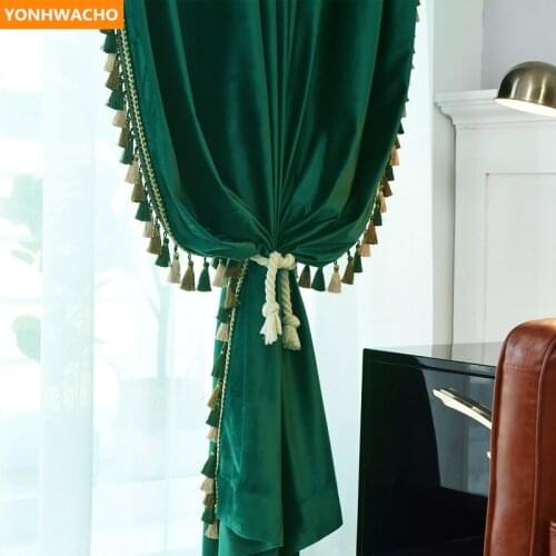Custom curtains High window high-grade velvet American retro solid olive green cloth blackout curtain tulle drape B465